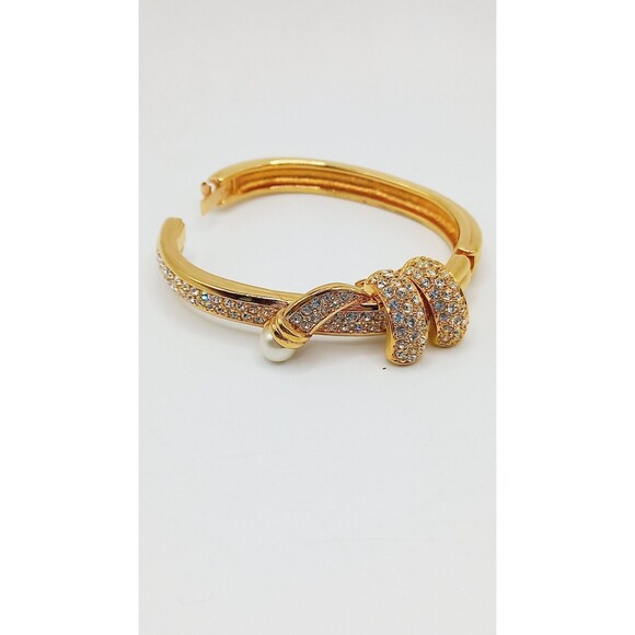 Swarovski Bangle Bracelet & Earrings Crystals & Faux Pearl Gold Tone Swan Mark - Picture 4 of 10